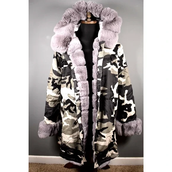 Roiii Coat Women's 3X Camo Camouflage Black Long Parka Jacket Fur Trim NEW